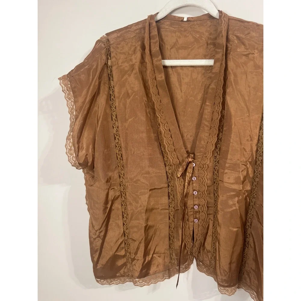 Free People Lace Trim Satin Tie Front Blouse Bronze Brown NWT